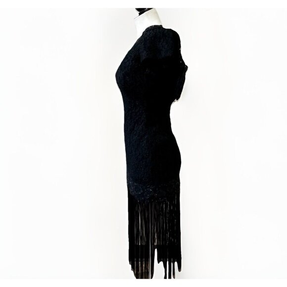 Midnight Glo Black Embellished Cocktail Dress Sz 4 Fringe Drop Waist 1970s 70s - Picture 3 of 9